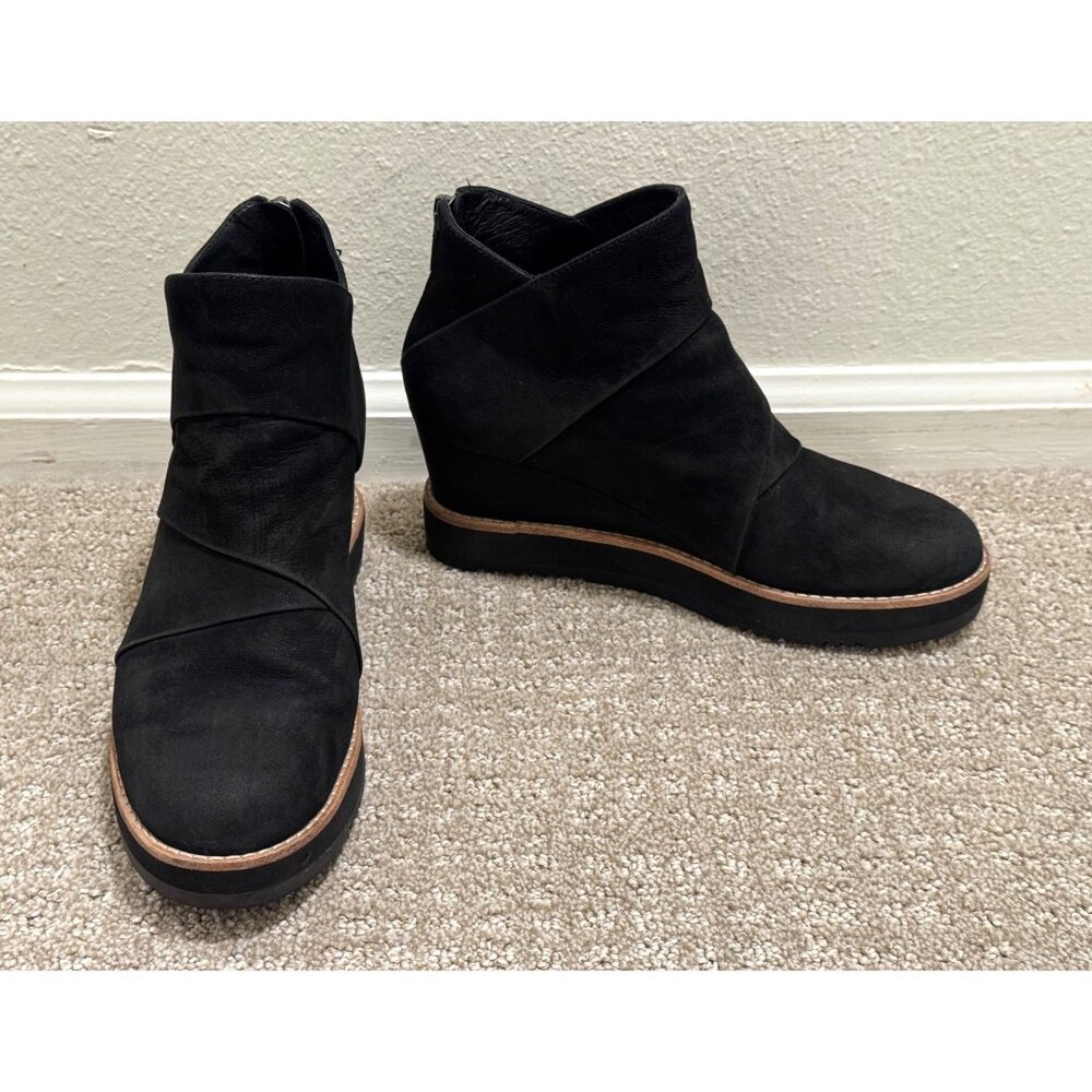 Eileen Fisher Clapton Wedge‎ Ankle Boots Size 8.5 Black Nubuck Leather Booties